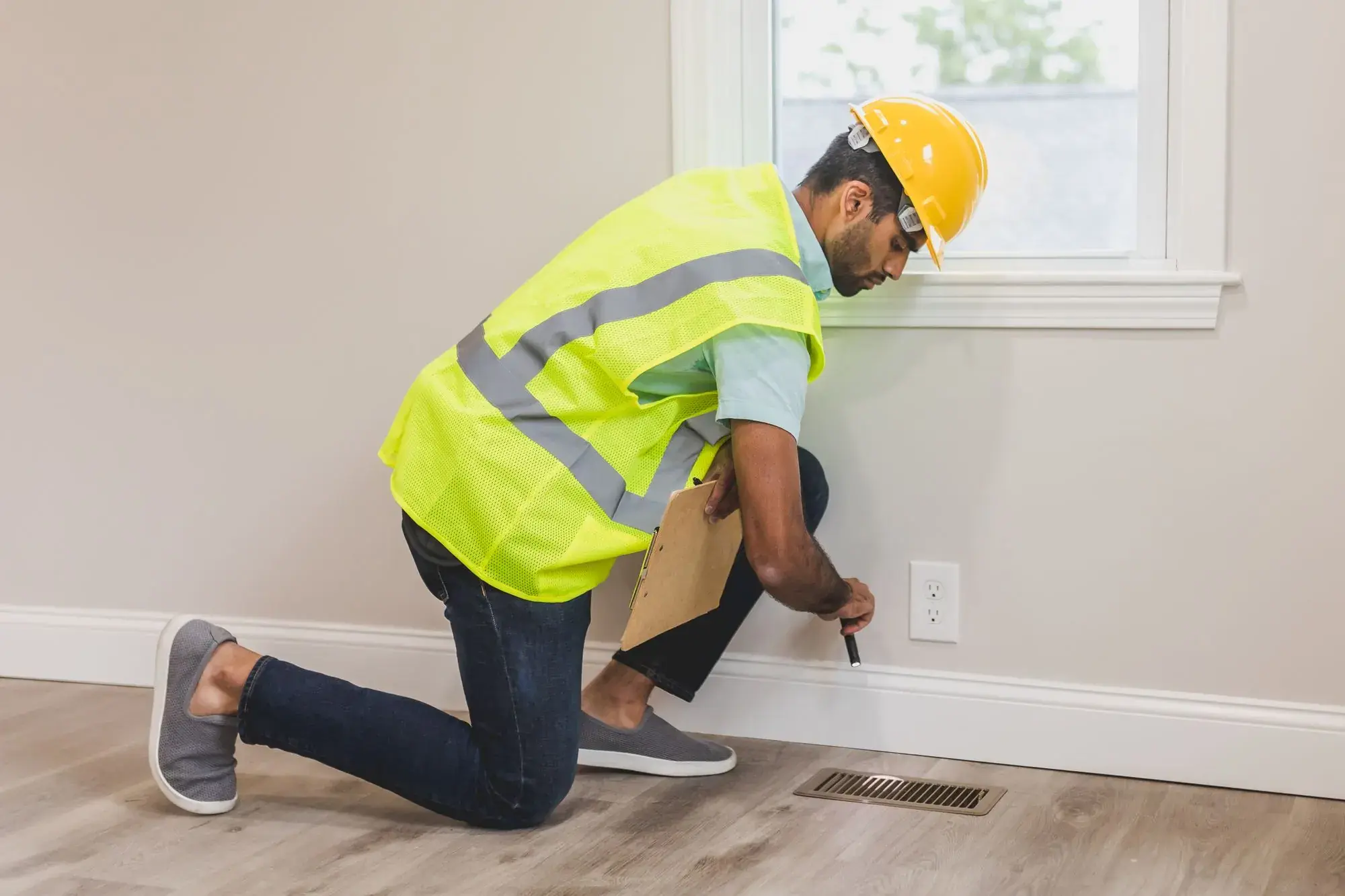 Inspector in a safety vest and hard hat checking a wall near the baseboard